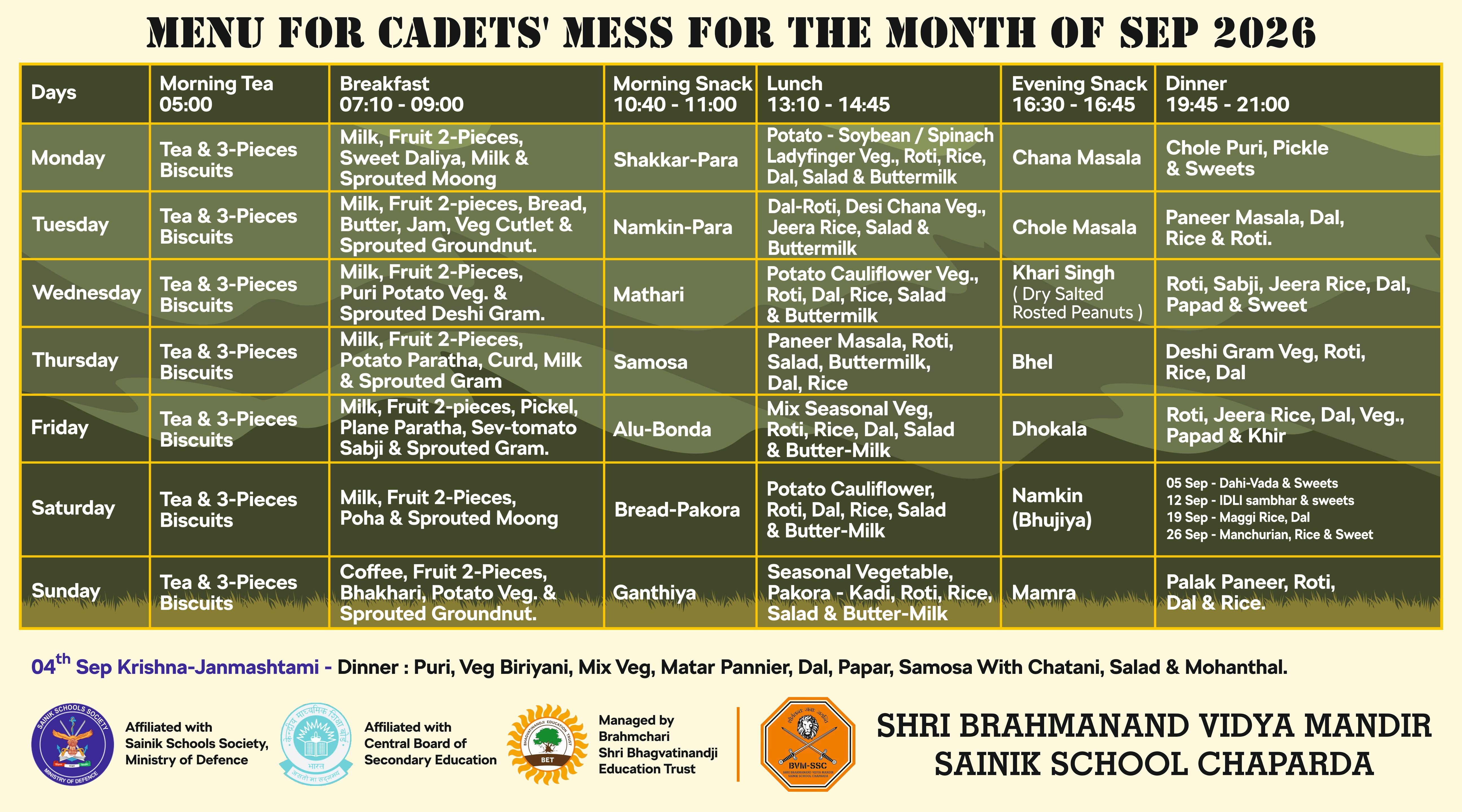 MESS MENU FOR MONTH OF SEPTEMBER 2026